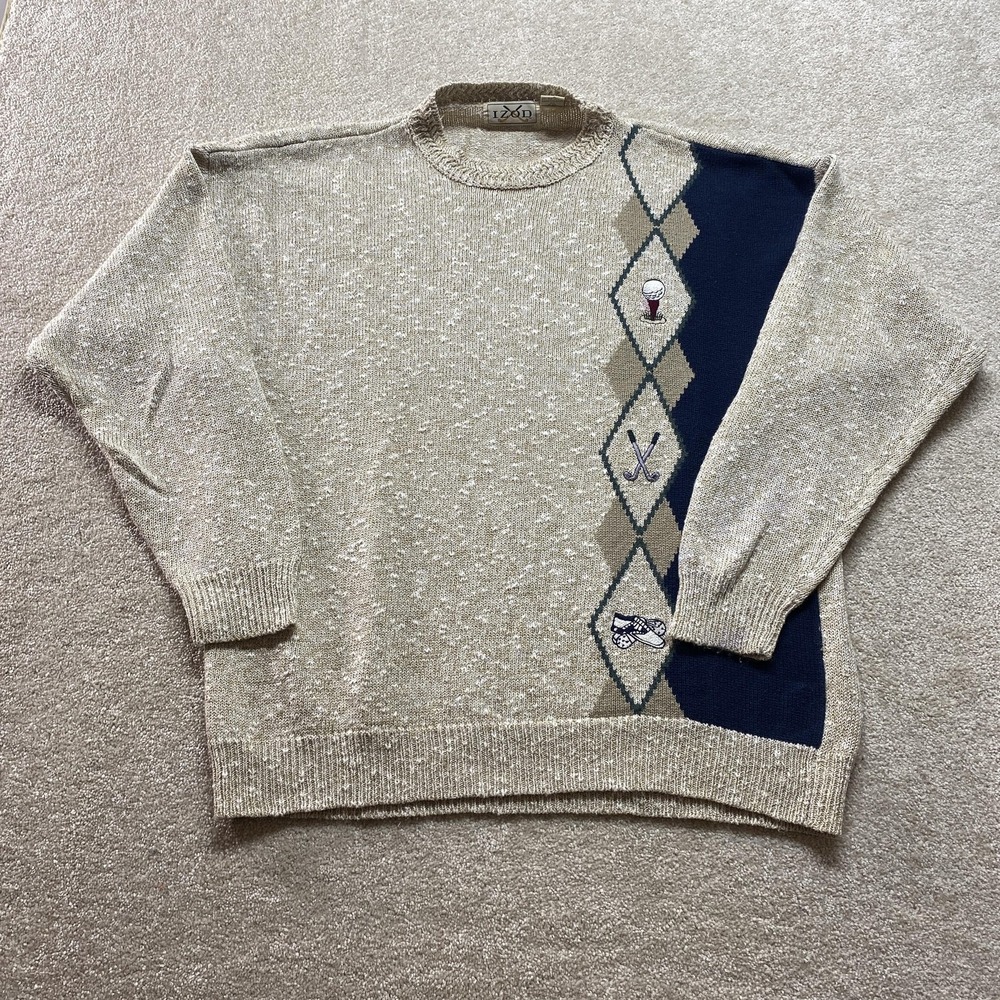 Vintage IZOD Sweater Mens XL Argyle Golf Clubs Pullover Linen Blend 90s